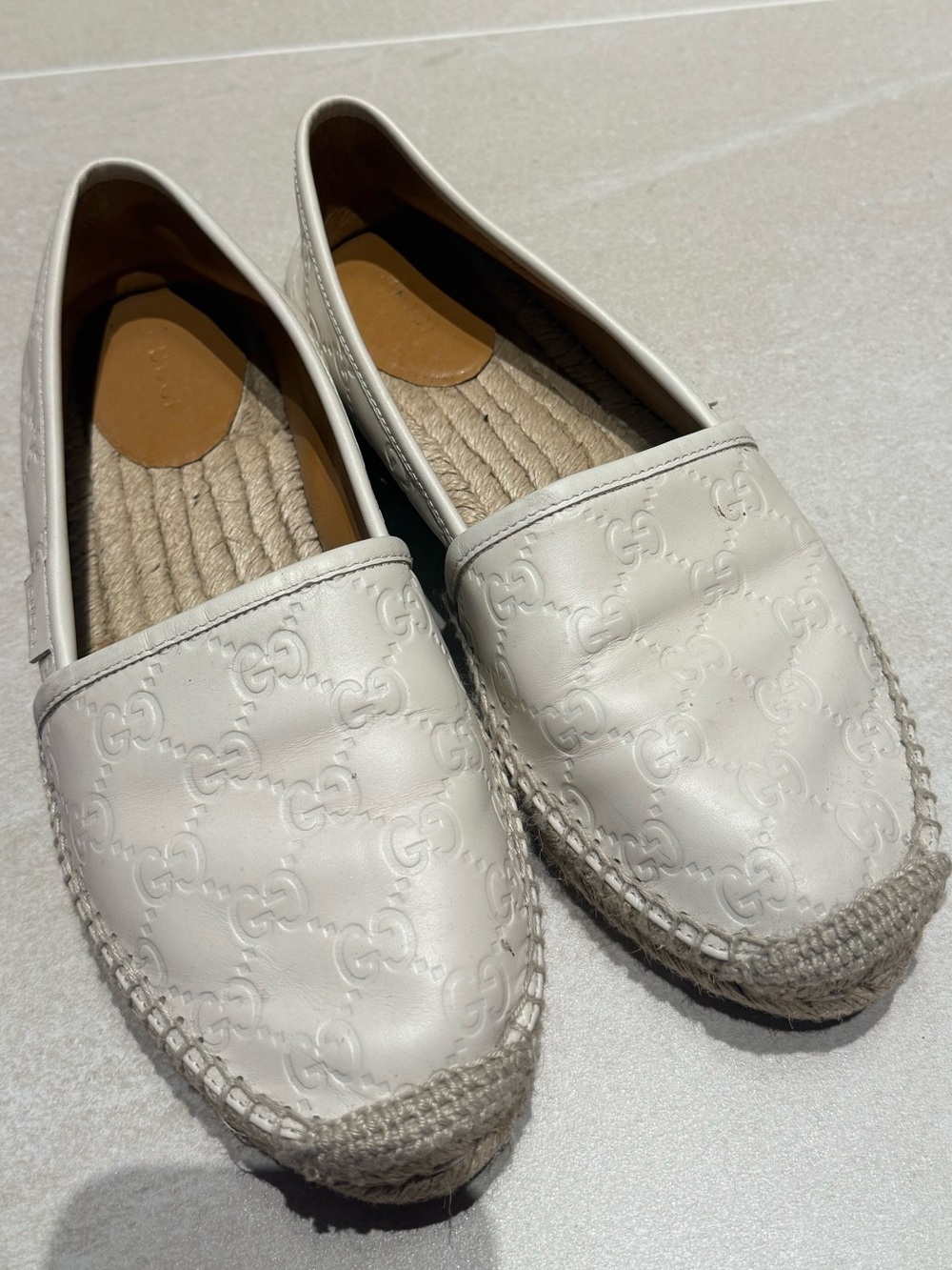 Gucci White Embossed Leather Espadrille Flats